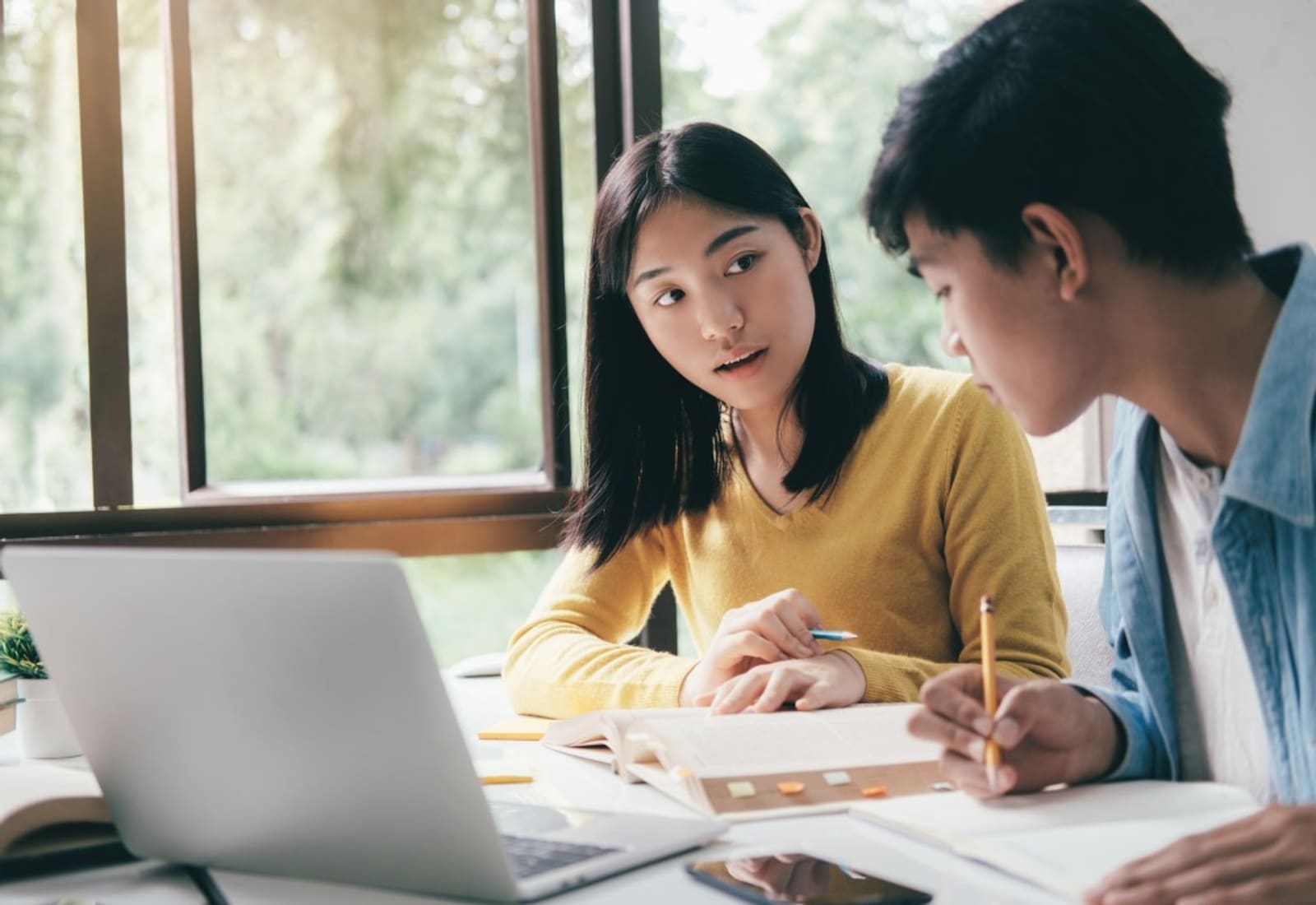 Zwei Studierende lernen gemeinsam Statistik mit Büchern und Laptop